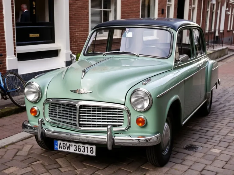 A vintage Dutch car parked on a cobblestone street.